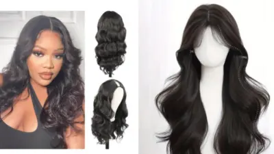 Long black wavy hair wigs and styled hair on a woman, showcasing glamorous fashion and beauty styles and options for natural