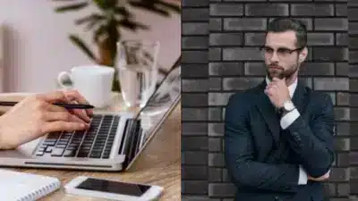 Left: Hands typing on a laptop with a coffee cup and phone. Right: Man in a suit with glasses, standing against a brick