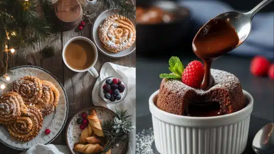 Viewing-Deck-Blog-_2_ Cozy holiday breakfast with waffles, coffee, berries, and pastries; chocolate lava cake with raspberry and mint topping. | Sky Rye Design Cozy holiday breakfast with waffles, coffee, berries, and pastries; chocolate lava cake with raspberry and mint topping.