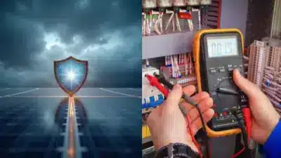 Solar panel protection: shield over panels and technician using a multimeter for electrical testing, ensuring safe solar