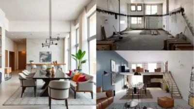 Modern dining room with large windows and cozy living spaces; before and after renovation of a loft-style apartment.