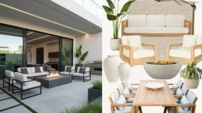 Modern outdoor patio area with cozy seating, fire pit, potted plants, wooden dining set, and neutral-toned furniture for