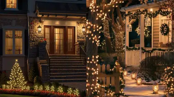 Viewing-Deck-Blog Christmas lights illuminate a festive house exterior and porch, decorated with wreaths and glowing pathways in a snowy setting. | Sky Rye Design Christmas lights illuminate a festive house exterior and porch, decorated with wreaths and glowing pathways in a snowy setting.