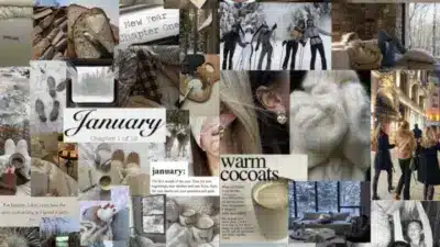 Collage of winter-themed images and text, featuring cozy moments, warm coats, and snowy landscapes, highlighting January's essence.