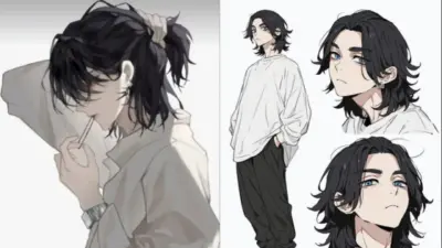 Anime character with long black hair and casual clothing, depicted in various poses and expressions, conveying a cool, laid-back vibe.