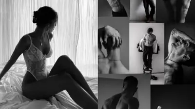 Black and white collage of a woman in lingerie on a bed and multiple poses of a shirtless man showcasing muscles.