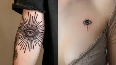 Two tattoos featuring eye designs: one on an arm with radiating lines, and another on the torso with a minimalist style, both in black ink.
