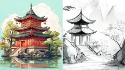 Colorful and sketch illustrations of traditional Asian pagodas surrounded by nature, highlighting architectural beauty and landscape contrast.