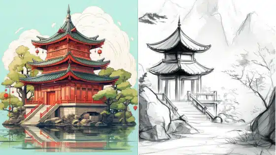 Colorful and sketch illustrations of traditional Asian pagodas surrounded by nature, highlighting architectural beauty and landscape contrast.