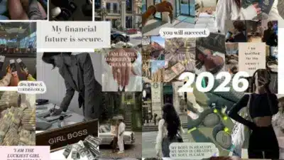 Vision board for 2026 with affirmations on success, financial security, health, and personal goals, including phrases like Girl Boss.