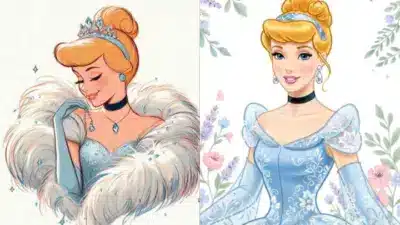 Elegant princess in blue gown with tiara and fur shawl, paired with floral background, showcasing style and grace.