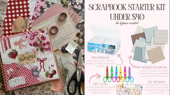 Scrapbook starter kit under $40 with papers, scissors, glue, and storage box, plus an artistic scrapbook page layout display.