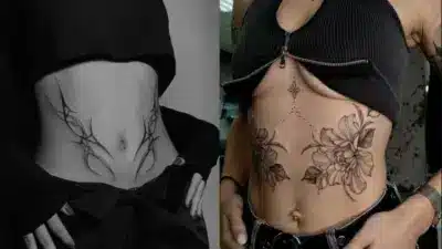 Two women display unique stomach tattoos: one floral design and one abstract pattern, both emphasizing artistic body art and style.