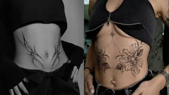 Viewing-Deck-Blog_-копия-_8_ Two women display unique stomach tattoos: one floral design and one abstract pattern, both emphasizing artistic body art and style. | Sky Rye Design Two women display unique stomach tattoos: one floral design and one abstract pattern, both emphasizing artistic body art and style.