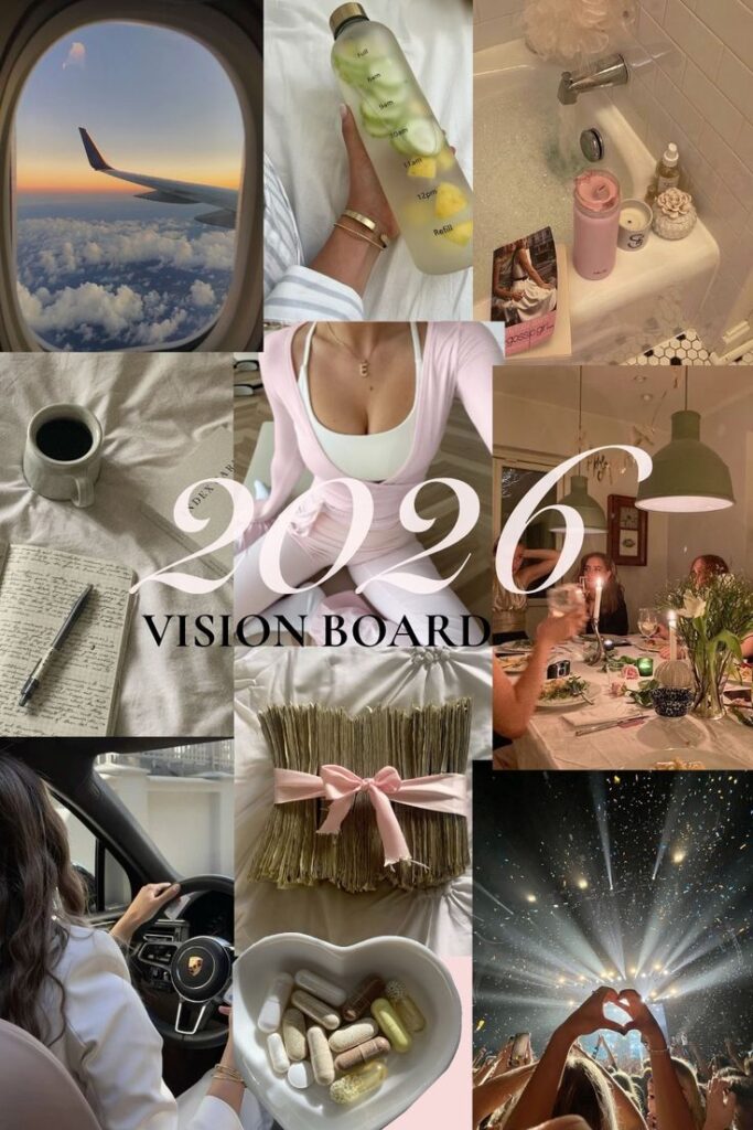 Untitled Artwork Vision board 2026: travel, wellness, relaxation, dining, goals, and celebration with positive vibes and aspirations for the future. | Sky Rye Design Vision board 2026: travel, wellness, relaxation, dining, goals, and celebration with positive vibes and aspirations for the future.