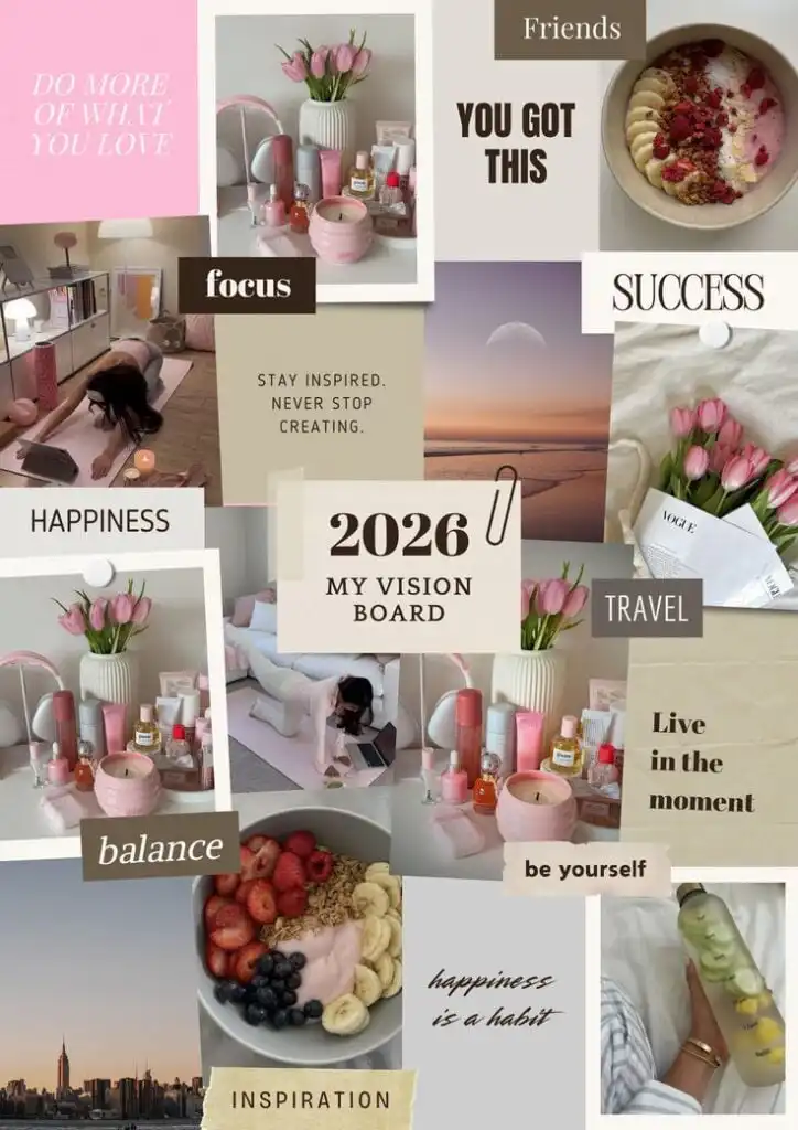 Vision Board 2026 Vision board for 2026 with themes of happiness, success, balance, and travel. Includes images of flowers, workouts, and healthy food. | Sky Rye Design Vision board for 2026 with themes of happiness, success, balance, and travel. Includes images of flowers, workouts, and healthy food.