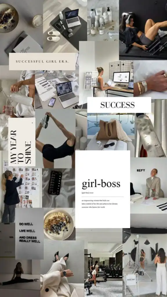 Vision Board Ideas 2026_ Manifest Your Dream Life with Intention Collage of girl-boss themes: fitness, workspaces, inspiration quotes, and lifestyle elements highlighting success and empowerment. | Sky Rye Design Collage of girl-boss themes: fitness, workspaces, inspiration quotes, and lifestyle elements highlighting success and empowerment. Vision Board 2026