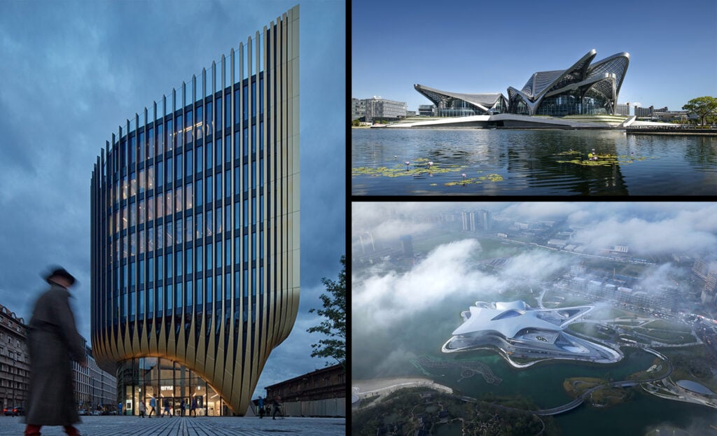 Innovative architecture displayed in three unique buildings, showcasing modern design with captivating exteriors and water