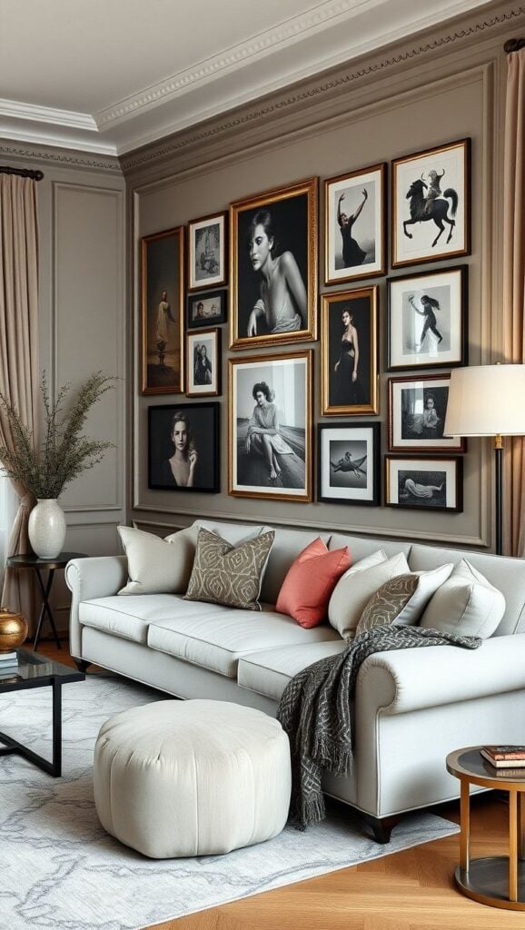 Sophisticated living room with a gray couch, stylish wall art gallery, cozy throw, and elegant decor. Perfect modern design inspiration.