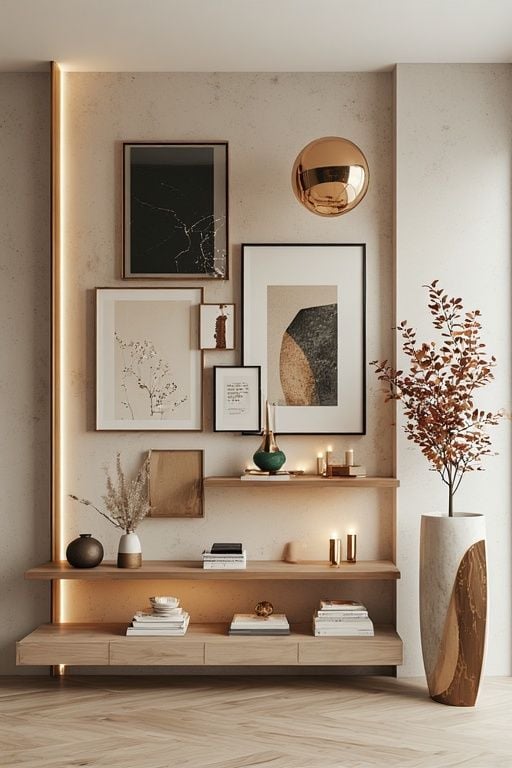 Stylish wall decor with framed art, floating wooden shelves, modern vases, and a tall plant in a chic vase in a contemporary living room.