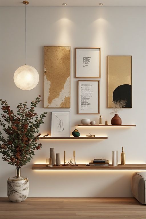 Modern living room with abstract art on walls, minimalist shelves, decorative vases, and a stylish plant in a marble pot under soft lighting.