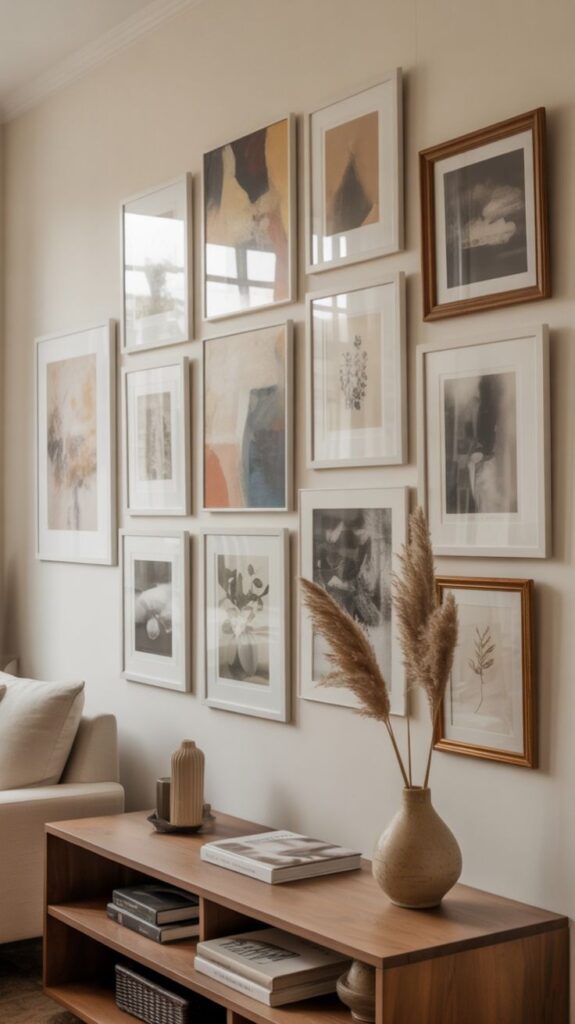Gallery wall with abstract art in modern living room, featuring neutral tones, wooden shelf, and pampas grass for stylish decor.