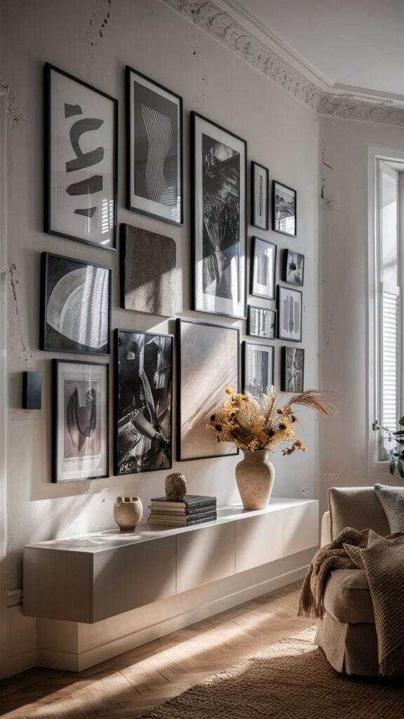 Modern living room with a gallery wall of framed art, cozy beige sofa, floating console, and a vase of dried flowers in natural light.