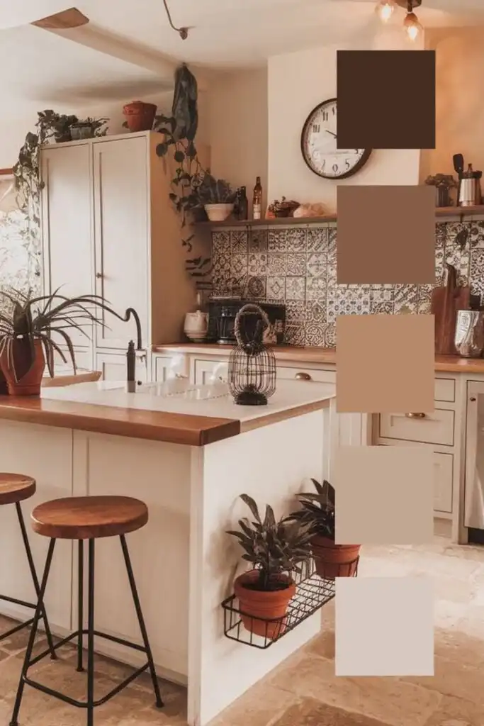 Cozy kitchen with a rustic design, featuring wooden stools, plants, and a color palette showcasing earthy brown tones.