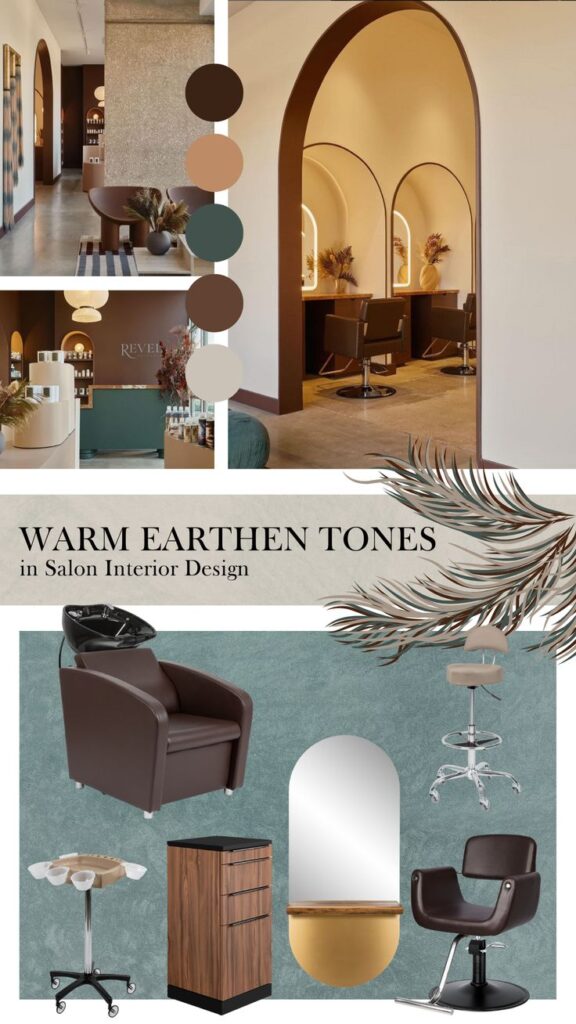 Warm Earthen Tones _ Mood Boards 2024 Warm salon interior design with earthen tones, arches, and modern salon furniture for a cozy and stylish look. | Sky Rye Design Warm salon interior design with earthen tones, arches, and modern salon furniture for a cozy and stylish look.