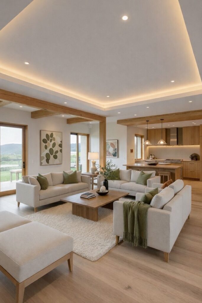 Warm Modern Living Room with Open Concept Kitchen Natural Wood Accents Modern living room with beige sofas, green accents, open kitchen, and wood elements, featuring natural light and minimalist decor. | Sky Rye Design Modern living room with beige sofas, green accents, open kitchen, and wood elements, featuring natural light and minimalist decor.