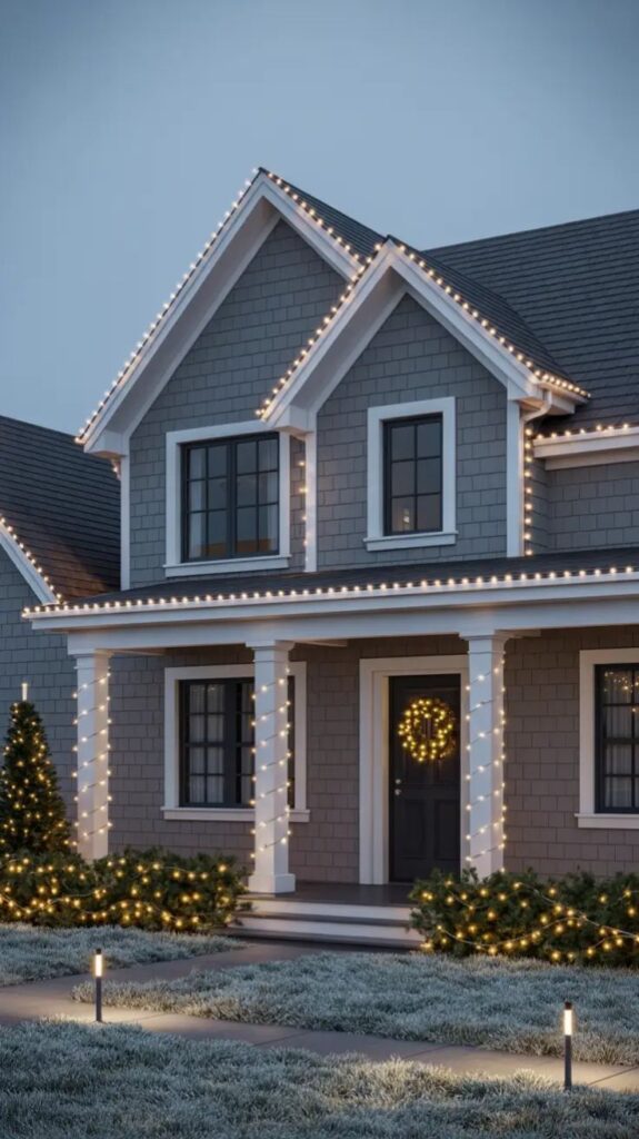 Warm White Christmas Lights 2025 - Best Indoor and Outdoor House Ideas Modern house decorated with festive white Christmas lights and a glowing wreath on the door, creating a warm holiday atmosphere. | Sky Rye Design Modern house decorated with festive white Christmas lights and a glowing wreath on the door, creating a warm holiday atmosphere.