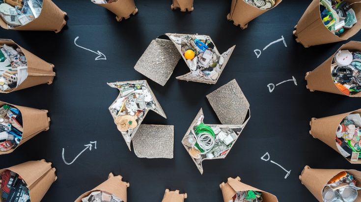 Waste Audits_ Ensuring Sustainability and Operational Efficiency 1 Recycling bins forming a circle with arrows symbolizing the recycling process, emphasizing waste management and sustainability. | Sky Rye Design Recycling bins forming a circle with arrows symbolizing the recycling process, emphasizing waste management and sustainability.
