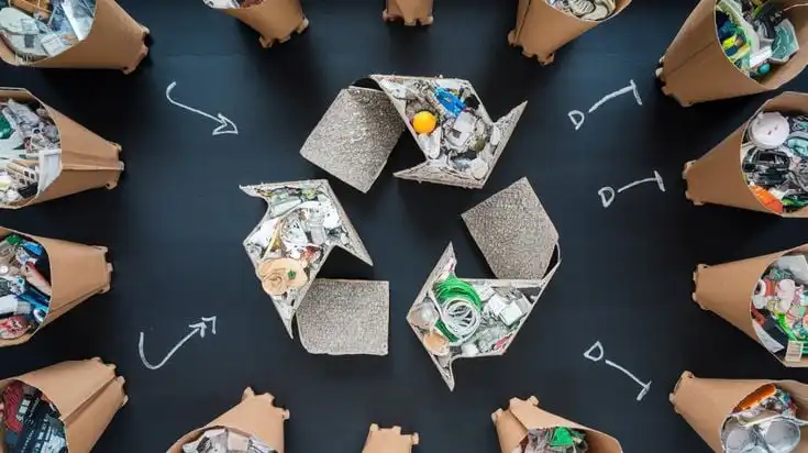 Waste Audits_ Ensuring Sustainability and Operational Efficiency 1 Recycling bins forming a circle with arrows symbolizing the recycling process, emphasizing waste management and sustainability. | Sky Rye Design Recycling bins forming a circle with arrows symbolizing the recycling process, emphasizing waste management and sustainability.