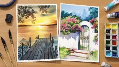 Watercolor paintings on a desk depicting a serene sunset at a lake and a vibrant garden gate, surrounded by art supplies.