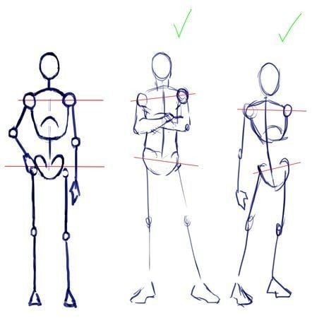 Gesture drawing: three figure-construction sketches showing stick-figure proportions, pose lines and posture for art reference.