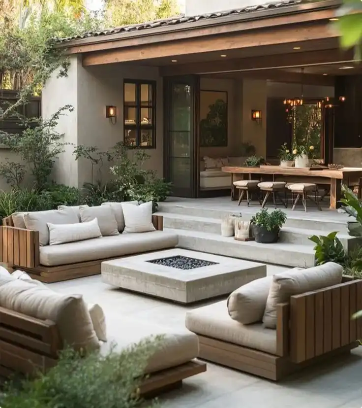 Modern outdoor patio with wooden furniture, cozy sofas, and a fire pit, leading to an inviting indoor dining space. Lush