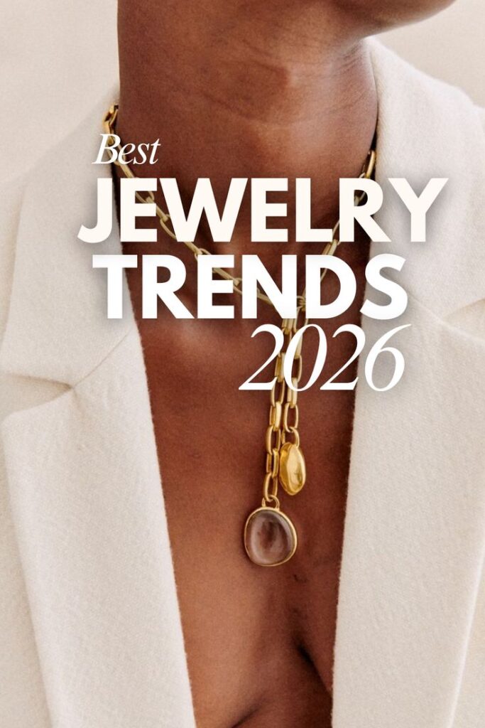 Stylish gold pendant necklace on a model in white blazer; text reads Best Jewelry Trends 2026.