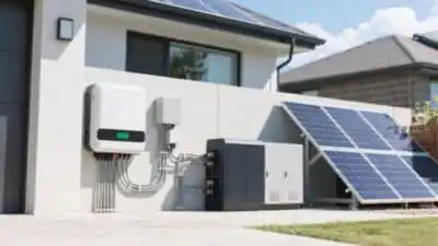 Home solar energy system with rooftop panels, inverter, and battery storage, illustrating sustainable residential power