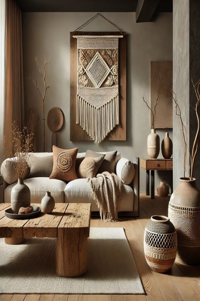Why Handcrafted Elements Are Making a Big Comeback in Modern Design Cozy living room with rustic wooden furniture, macramé wall hanging, neutral-toned cushions, and clay pots, creating a warm bohemian vibe. | Sky Rye Design Cozy living room with rustic wooden furniture, macramé wall hanging, neutral-toned cushions, and clay pots, creating a warm bohemian vibe.