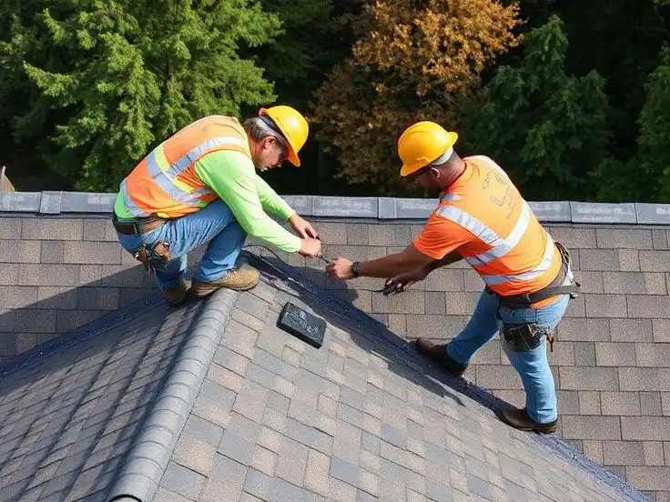 Roofers in safety gear install shingles on a roof, surrounded by trees. Home improvement and construction concept.