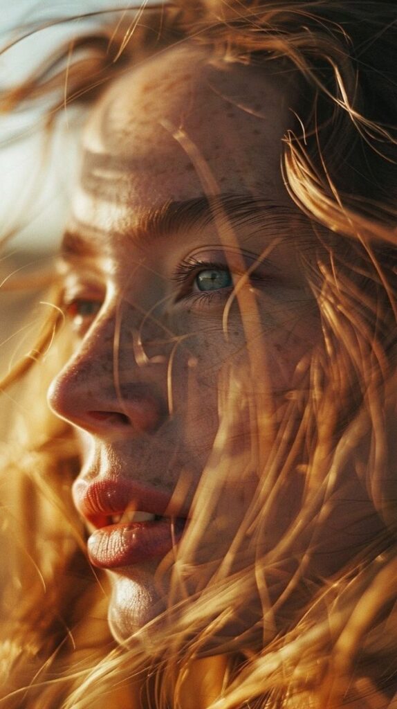 Woman Portrait Close-up of a person with freckles and flowing hair, gazing thoughtfully into the distance in warm sunlight. | Sky Rye Design Close-up of a person with freckles and flowing hair, gazing thoughtfully into the distance in warm sunlight.
