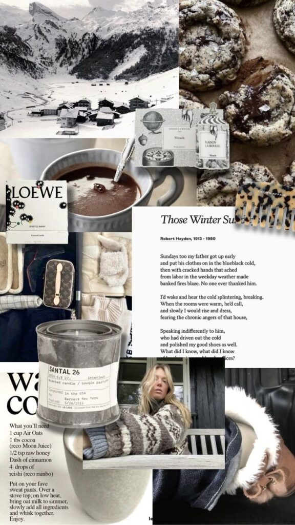 Winter collage featuring snowy mountains, cozy knitwear, cookies, hot chocolate, and a poem titled “Those Winter Sundays” by Robert Hayden.