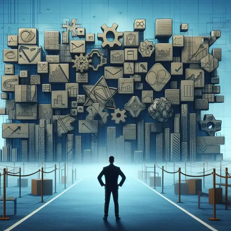 Silhouette of person facing a wall of symbolic 3D icons, representing diverse ideas and innovation against a blue, grid-lined background.