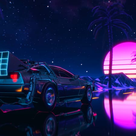 Futuristic car under a starry night sky with neon lights and a glowing pink sunset, beside palm trees reflecting in a serene body of water.