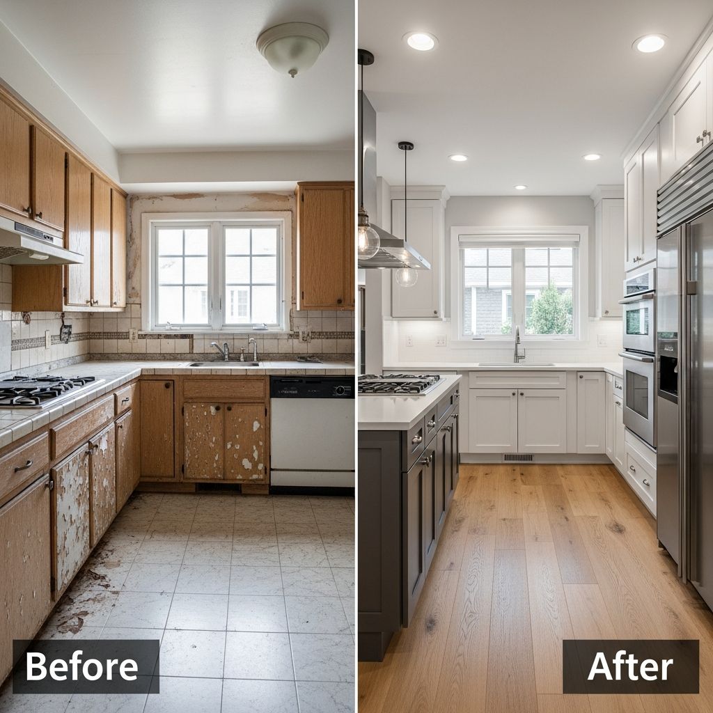 a1352809aab85452f26ffd4622b2790d Before and after kitchen renovation showing transformation from dated, damaged cabinets to modern, sleek design with new appliances. | Sky Rye Design Before and after kitchen renovation showing transformation from dated, damaged cabinets to modern, sleek design with new appliances.