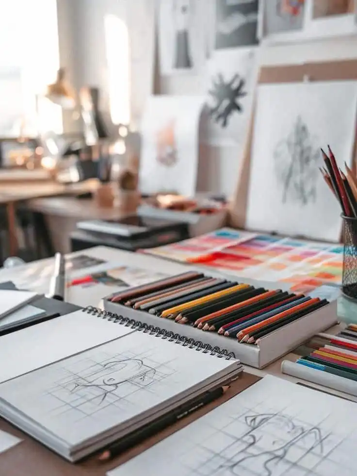 Creative drawing workspace with sketchpads and color pencils, featuring vibrant drawing ideas and inspiring sketches on a desk.