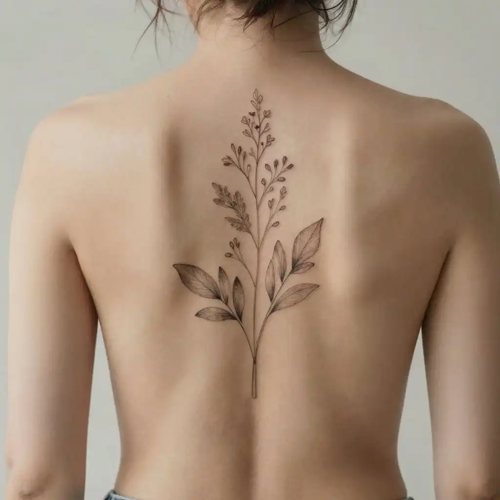 Minimalist botanical tattoo on a woman's back, featuring delicate leaves and branches in fine line art style.