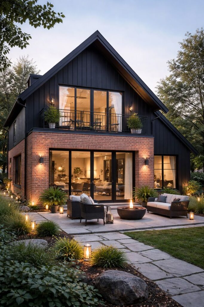 ab5e5072-6eb9-4601-a805-5164807fedce Modern rustic home exterior with brick facade, large windows, and cozy patio seating by a fire pit, surrounded by lush greenery. | Sky Rye Design Modern rustic home exterior with brick facade, large windows, and cozy patio seating by a fire pit, surrounded by lush greenery.
