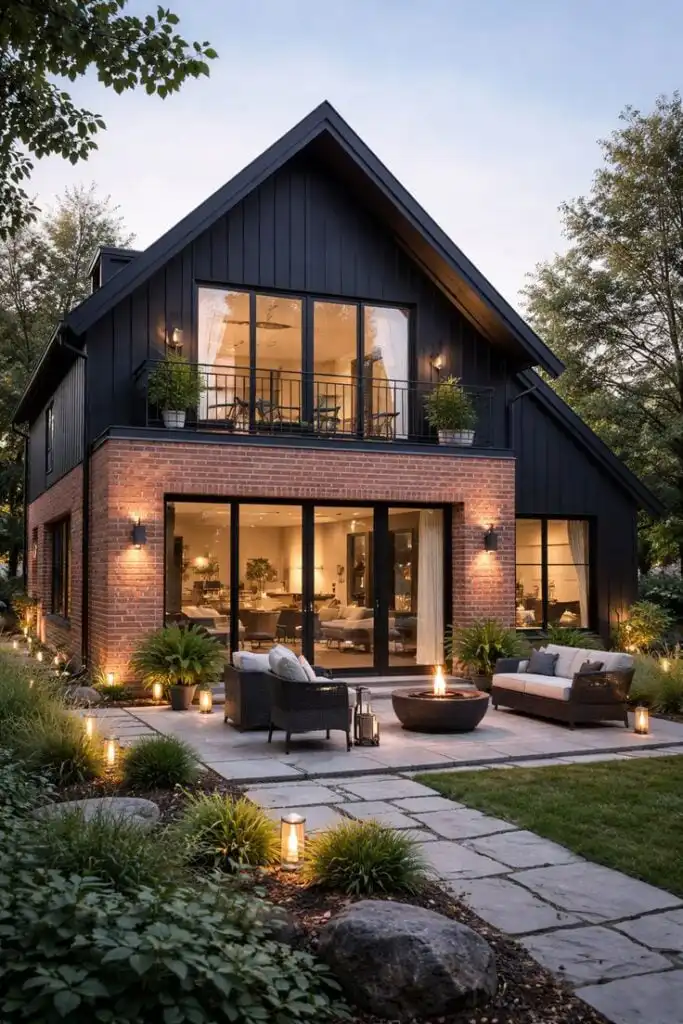 Modern rustic home exterior with brick facade, large windows, and cozy patio seating by a fire pit, surrounded by lush greenery.
