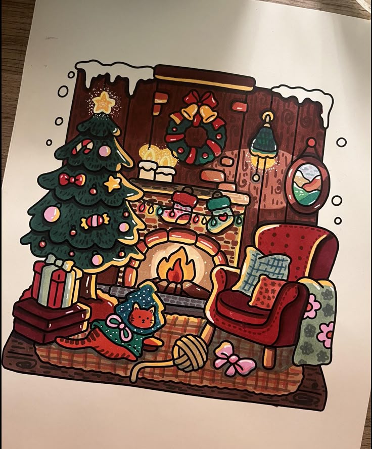 ad0d5e69-045b-42c9-a40e-ea5901e15492 Cozy Christmas scene with a decorated tree, gifts, fireplace, and a cat wearing a sweater beside a red armchair and yarn ball. | Sky Rye Design Cozy Christmas scene with a decorated tree, gifts, fireplace, and a cat wearing a sweater beside a red armchair and yarn ball.